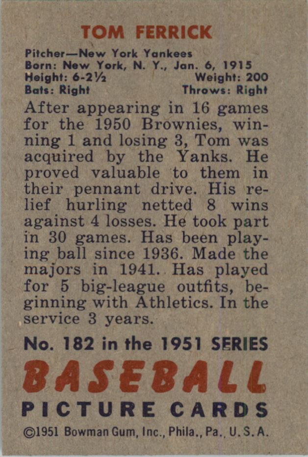 1951 Bowman #182 Tom Ferrick RC back image