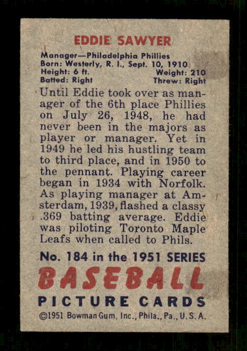 1951 Bowman #184 Eddie Sawyer MG back image
