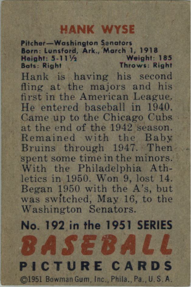 1951 Bowman #192 Hank Wyse RC back image