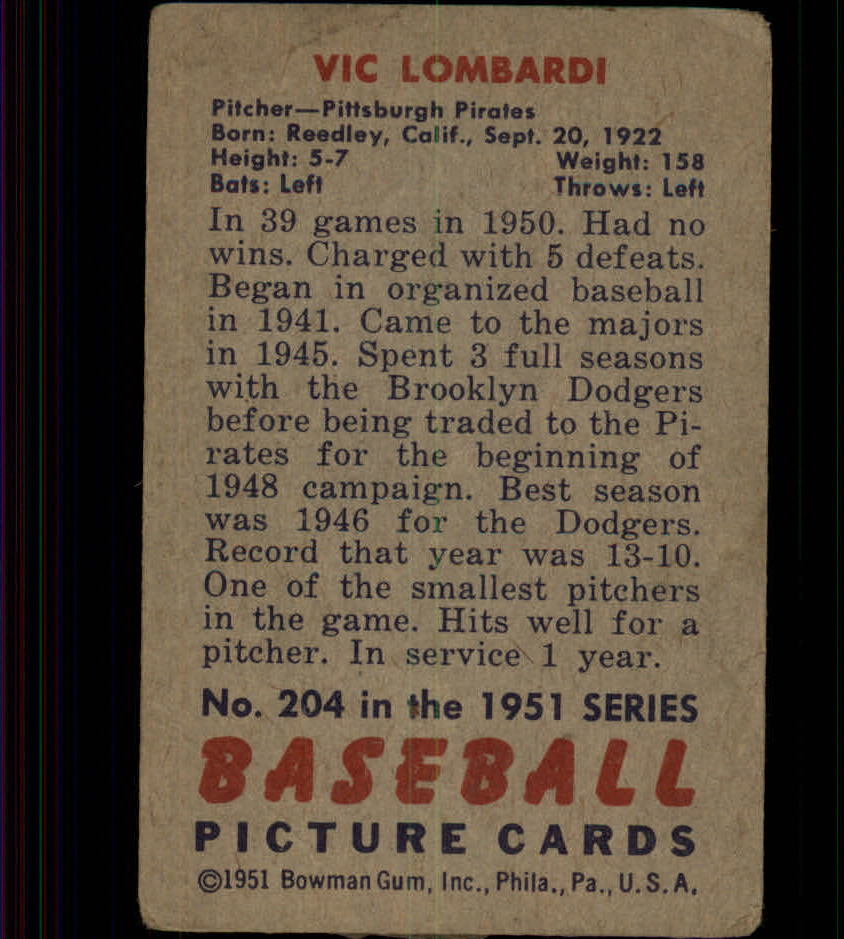 1951 Bowman #204 Vic Lombardi RC back image