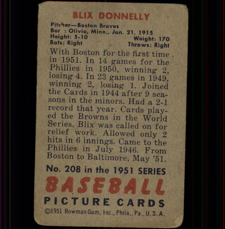 1951 Bowman #208 Blix Donnelly back image
