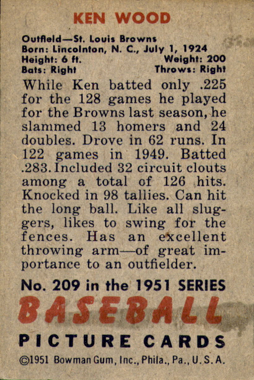 1951 Bowman #209 Ken Wood back image