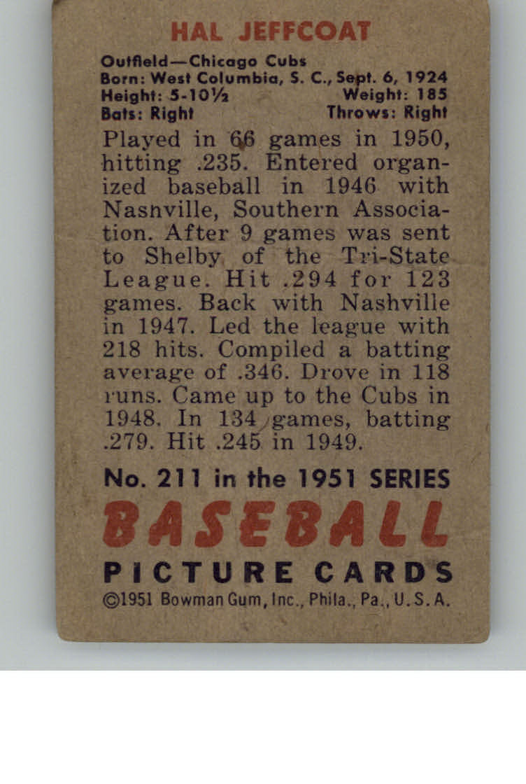 1951 Bowman #211 Hal Jeffcoat RC back image