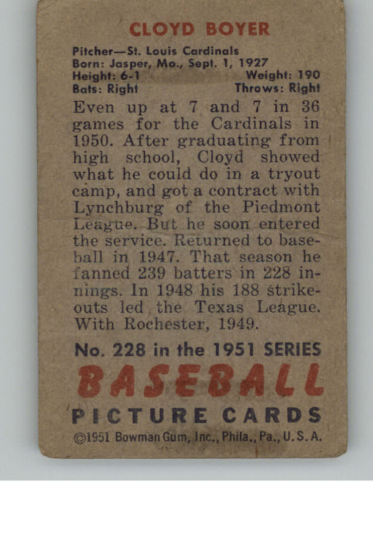 1951 Bowman #228 Cloyd Boyer RC back image