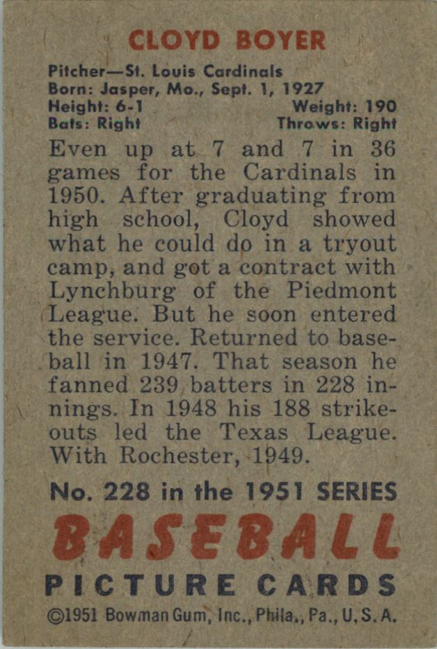 1951 Bowman #228 Cloyd Boyer RC back image