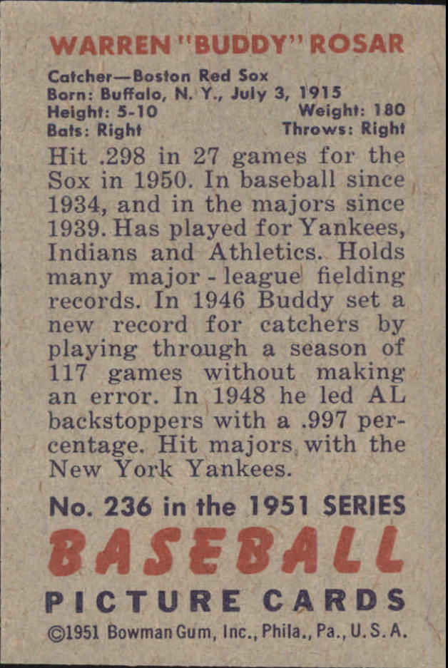1951 Bowman #236 Buddy Rosar back image