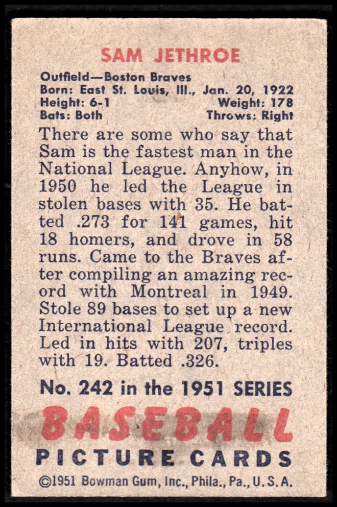 1951 Bowman #242 Sam Jethroe back image