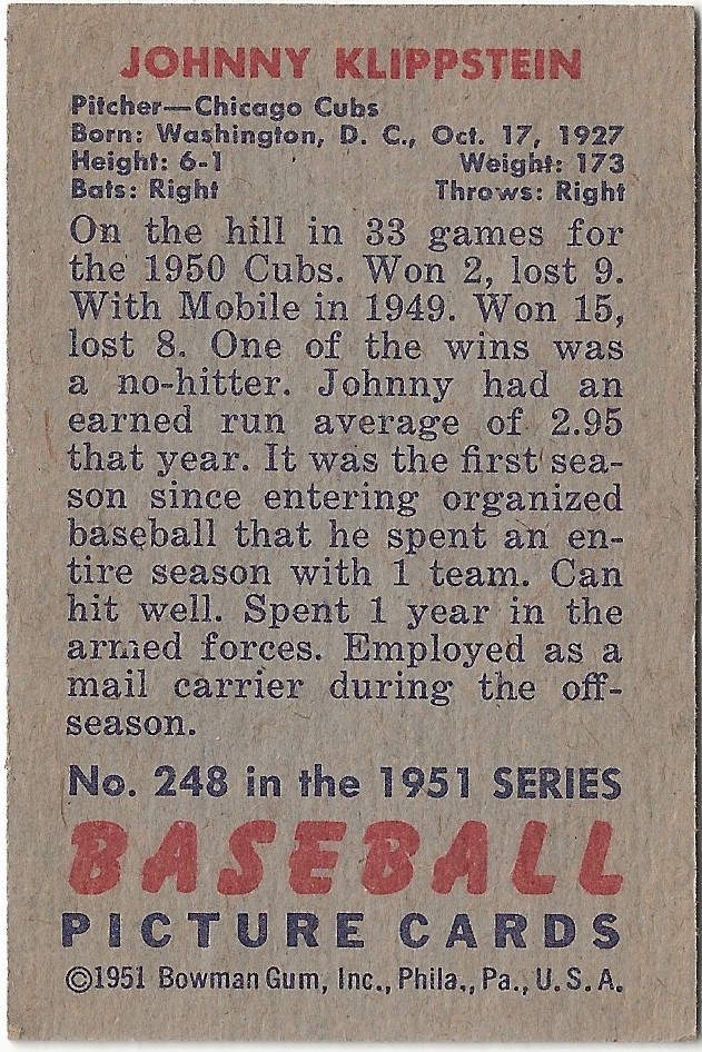1951 Bowman #248 Johnny Klippstein RC back image