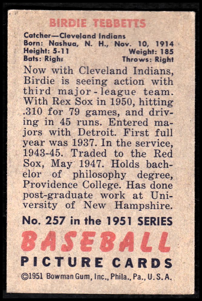 1951 Bowman #257 Birdie Tebbetts RC back image