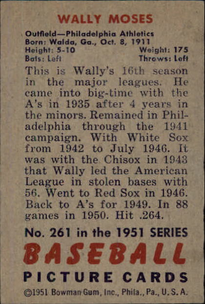 1951 Bowman #261 Wally Moses back image