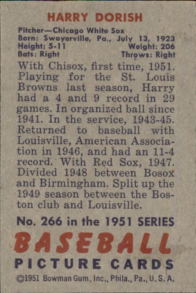 1951 Bowman #266 Harry Dorish RC back image