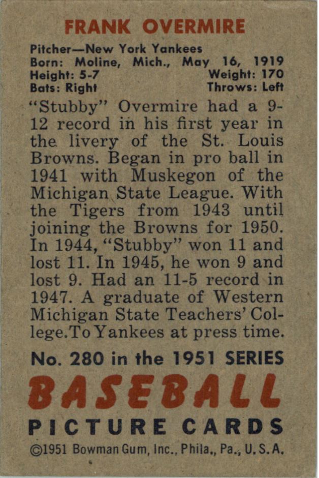 1951 Bowman #280 Frank Overmire back image