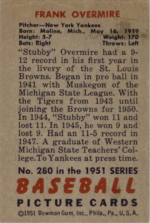 1951 Bowman #280 Frank Overmire back image