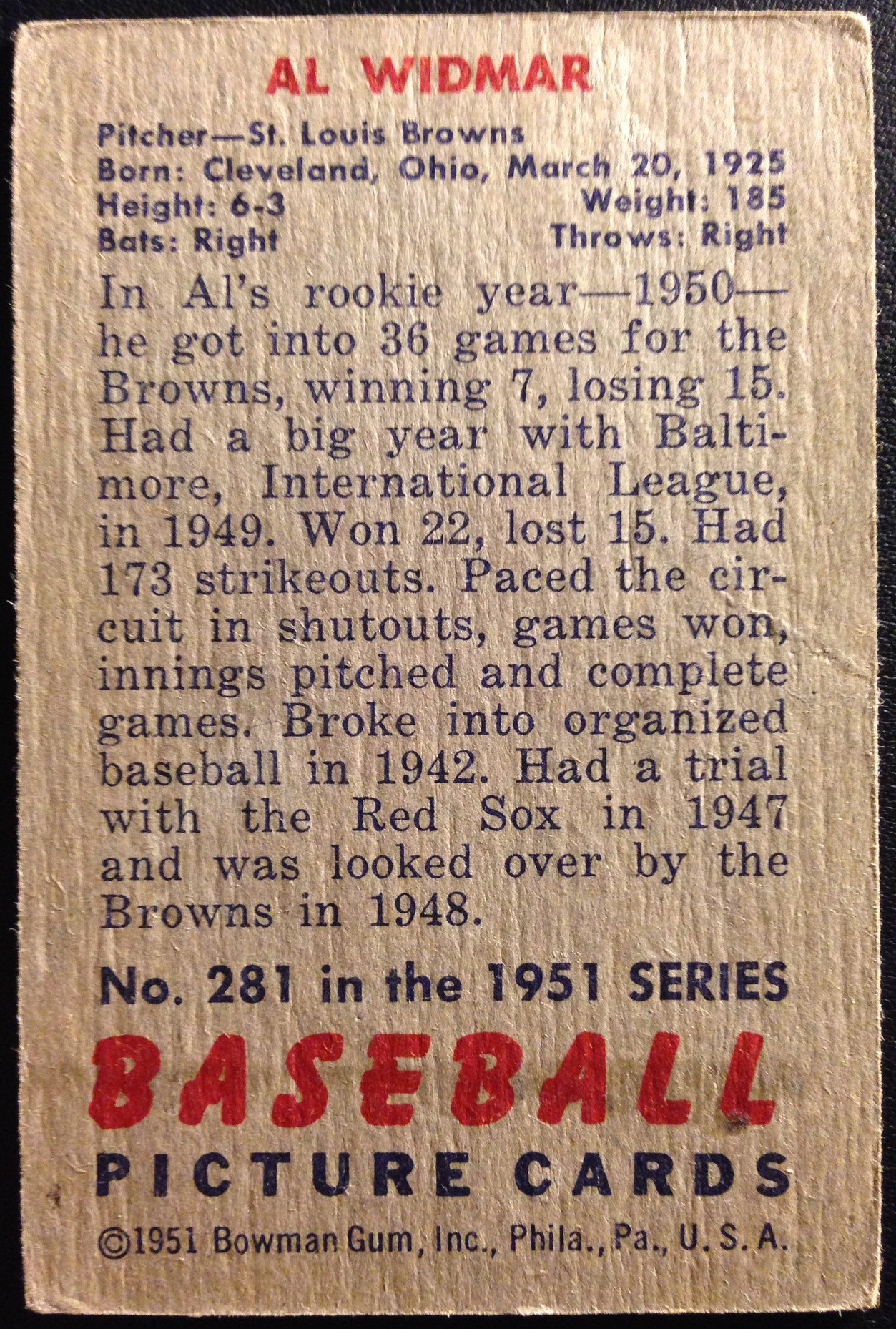 1951 Bowman #281 Al Widmar RC back image