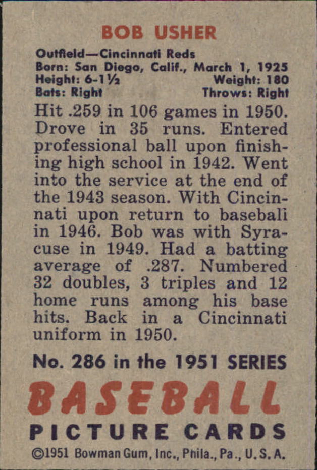 1951 Bowman #286 Bob Usher RC back image