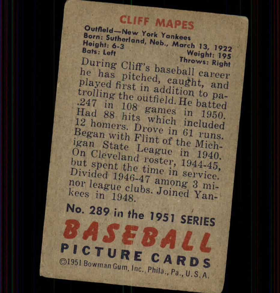 1951 Bowman #289 Cliff Mapes back image