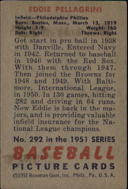 1951 Bowman #292 Eddie Pellagrini back image