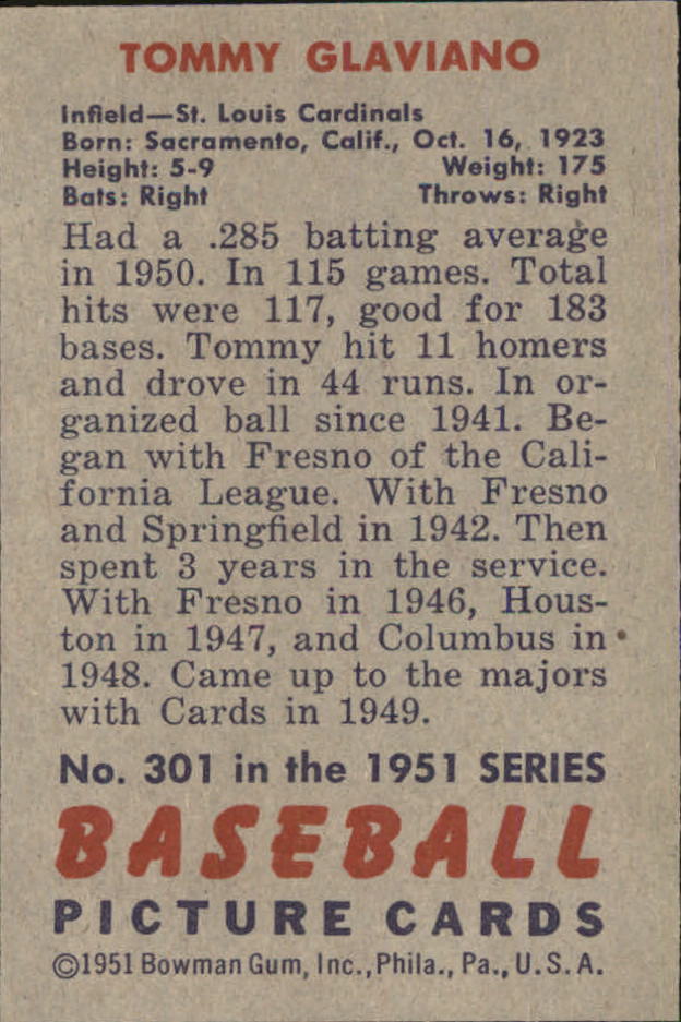 1951 Bowman #301 Tommy Glaviano RC back image