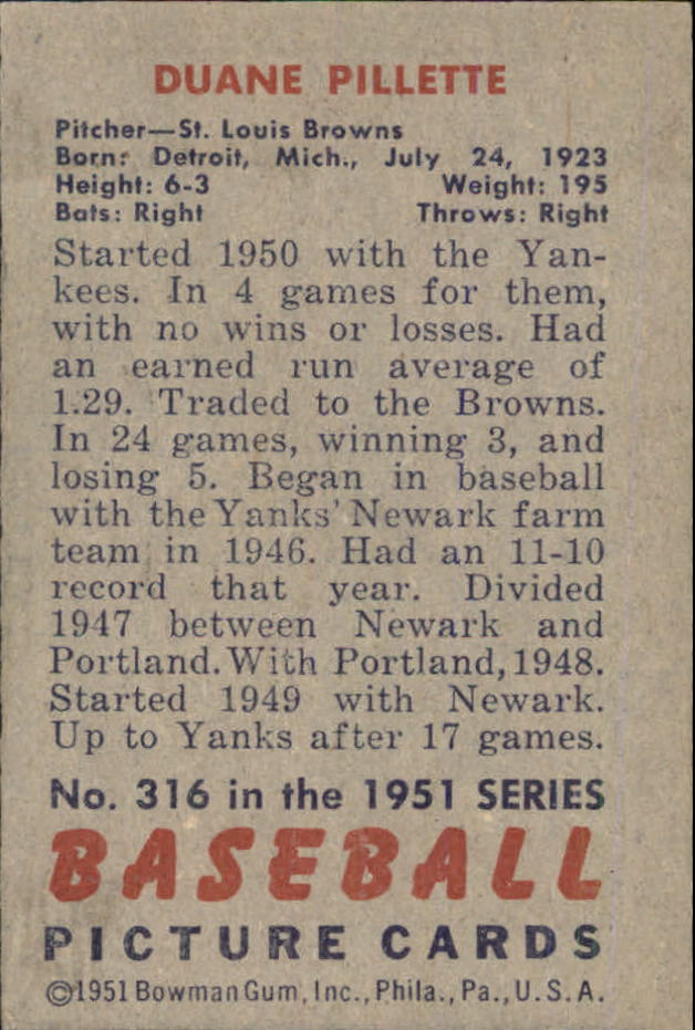 1951 Bowman #316 Duane Pillette RC back image