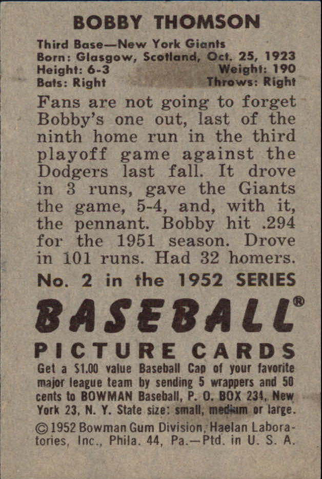 1952 Bowman #2 Bobby Thomson back image