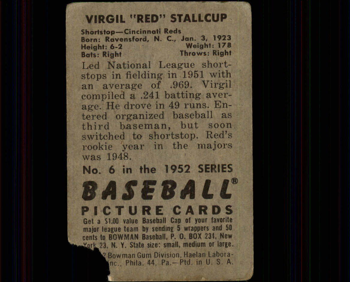 1952 Bowman #6 Virgil Stallcup back image