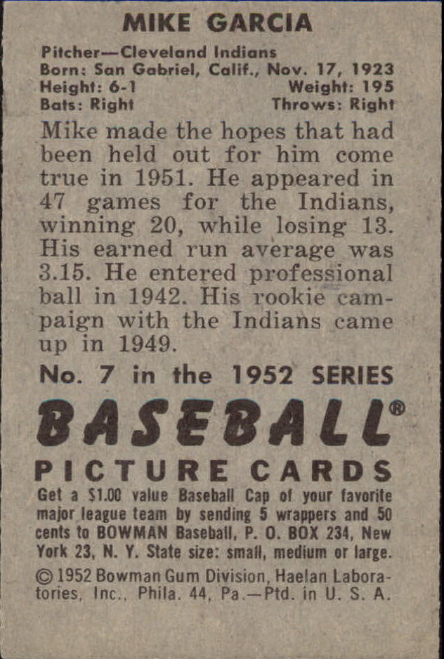 1952 Bowman #7 Mike Garcia back image