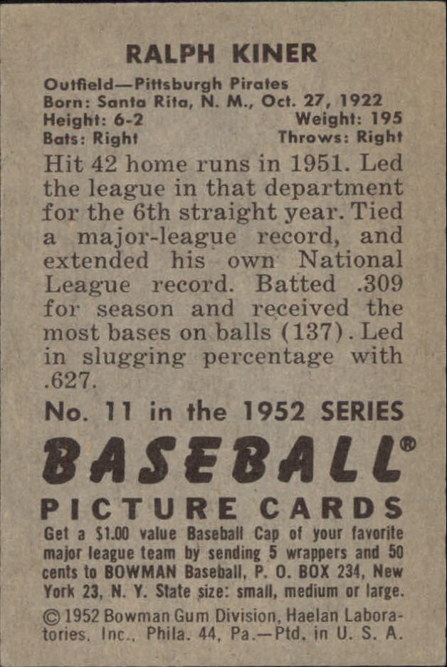 1952 Bowman #11 Ralph Kiner back image