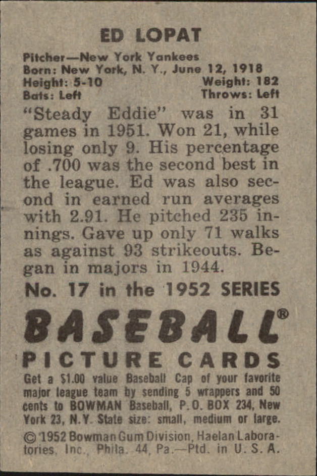 1952 Bowman #17 Ed Lopat back image