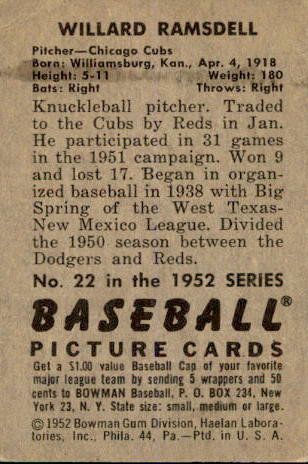 1952 Bowman #22 Willard Ramsdell back image