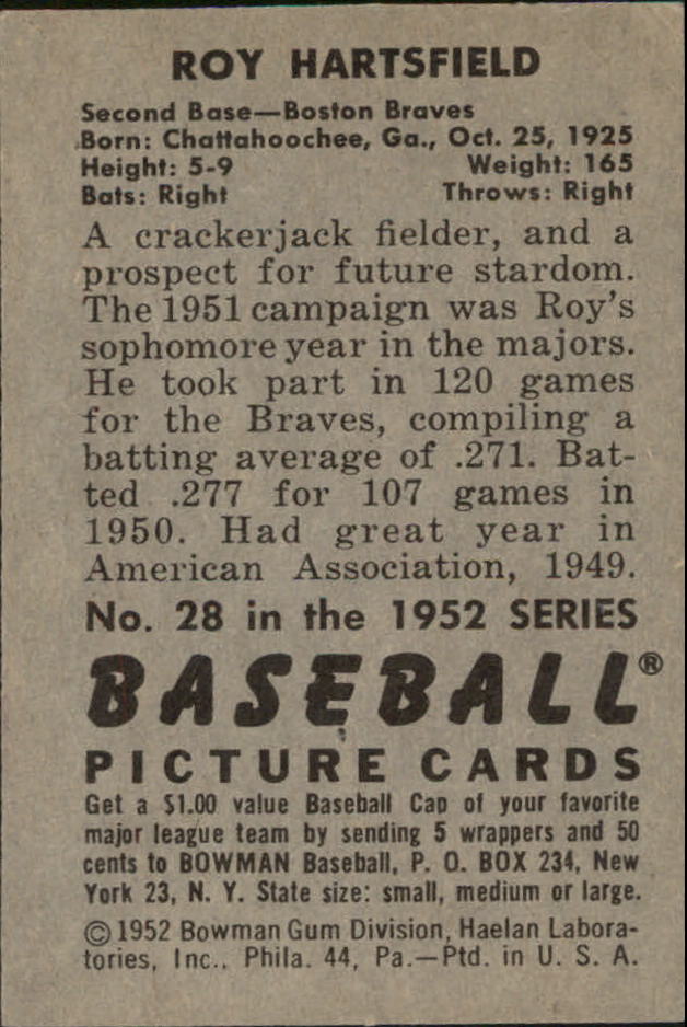 1952 Bowman #28 Roy Hartsfield back image