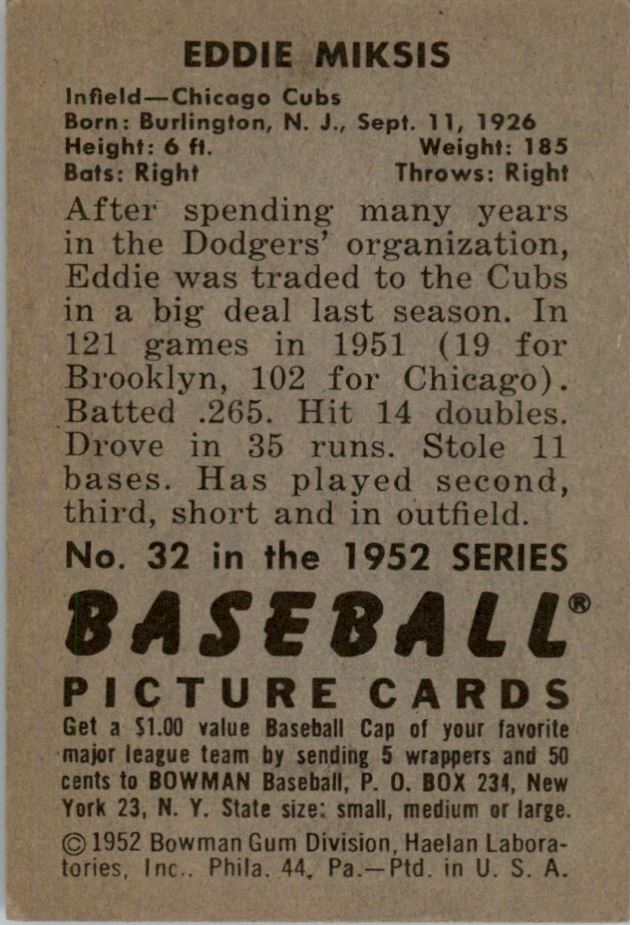 1952 Bowman #32 Eddie Miksis back image