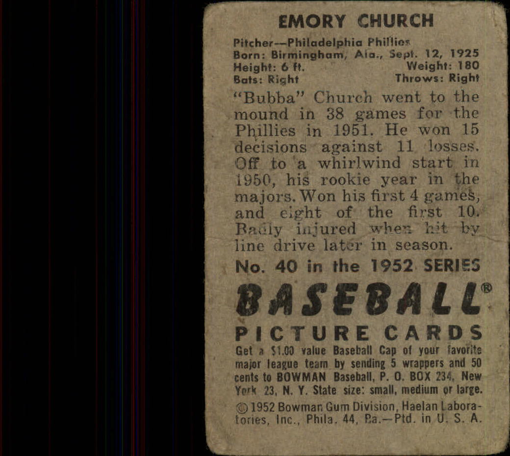 1952 Bowman #40 Bubba Church back image
