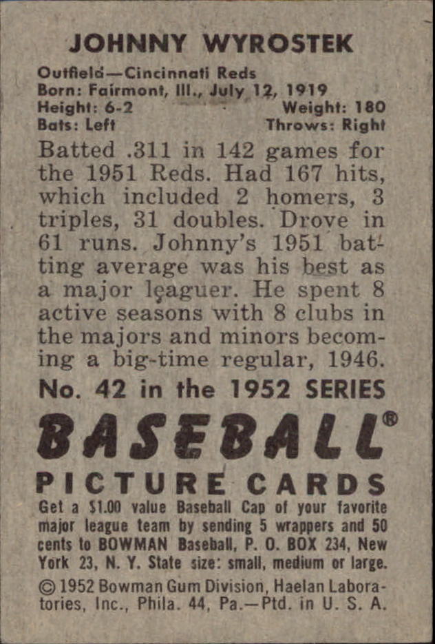 1952 Bowman #42 Johnny Wyrostek back image
