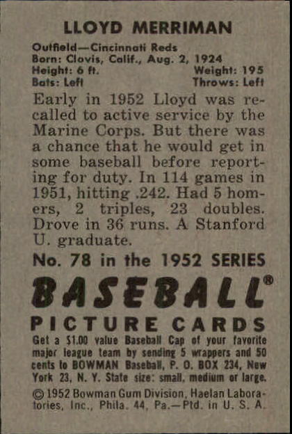 1952 Bowman #78 Lloyd Merriman back image