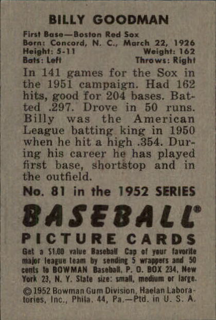1952 Bowman #81 Billy Goodman back image