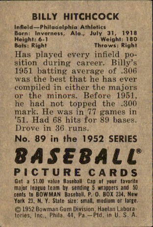 1952 Bowman #89 Billy Hitchcock back image