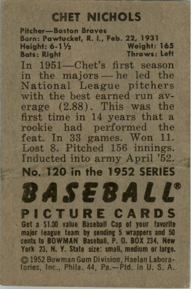 1952 Bowman #120 Chet Nichols RC back image