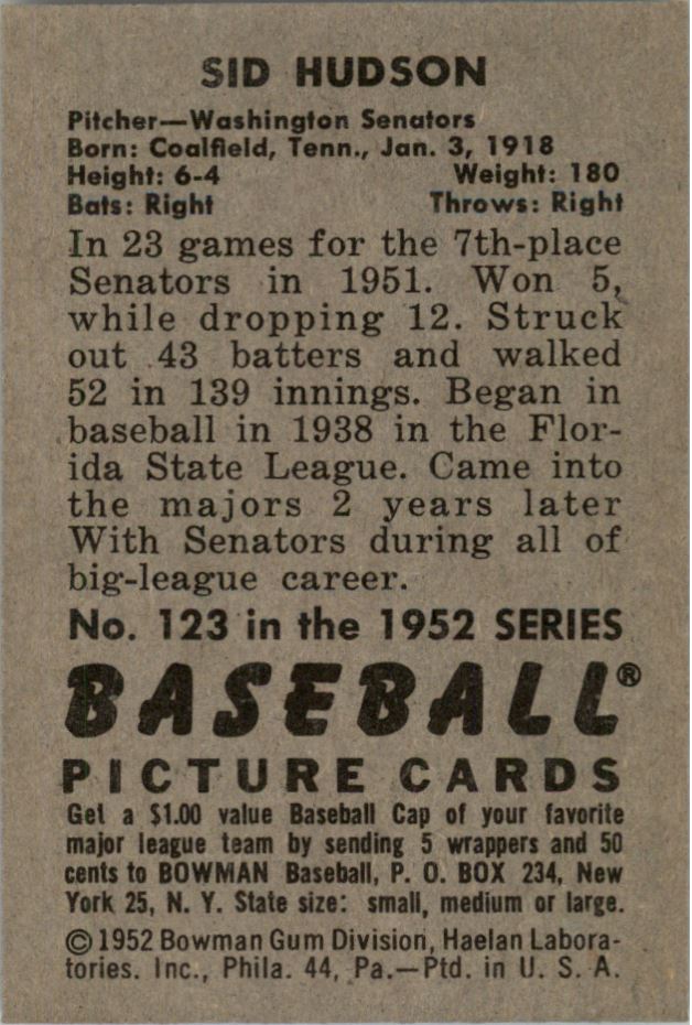 1952 Bowman #123 Sid Hudson back image