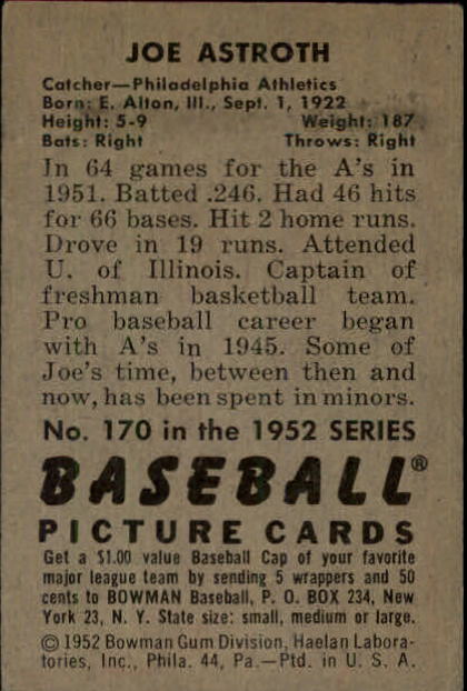 1952 Bowman #170 Joe Astroth back image