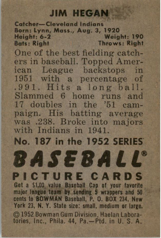1952 Bowman #187 Jim Hegan back image