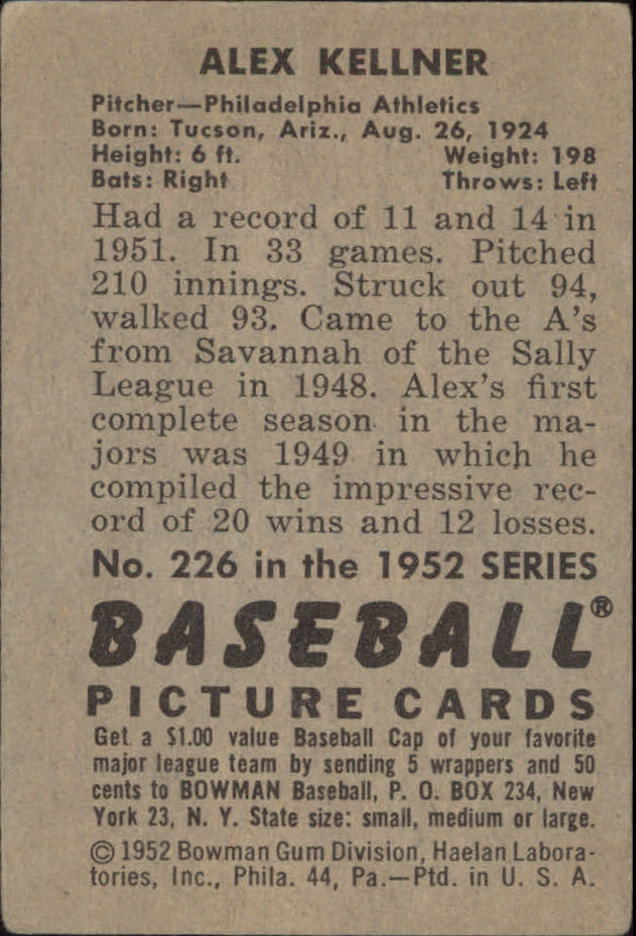 1952 Bowman #226 Alex Kellner back image