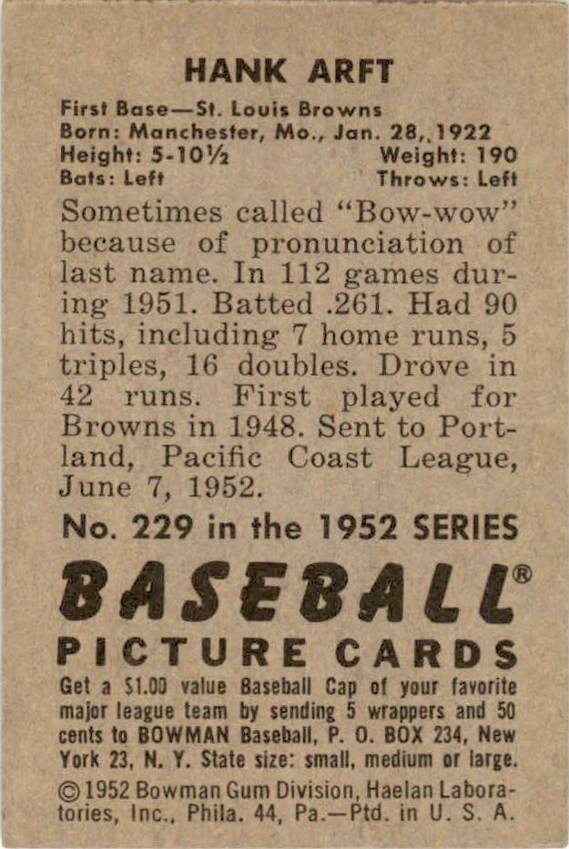 1952 Bowman #229 Hank Arft back image