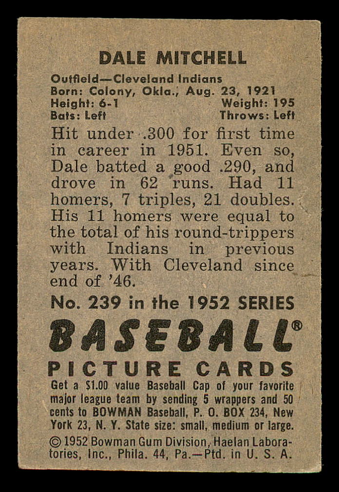 1952 Bowman #239 Dale Mitchell back image