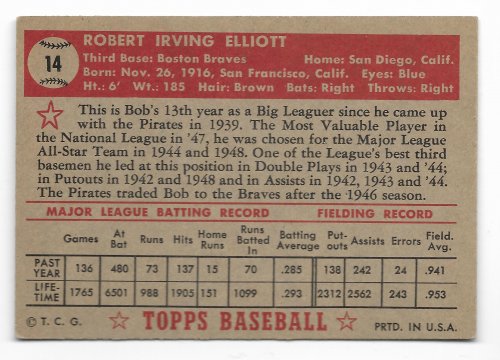 1952 Topps #14 Bob Elliott back image