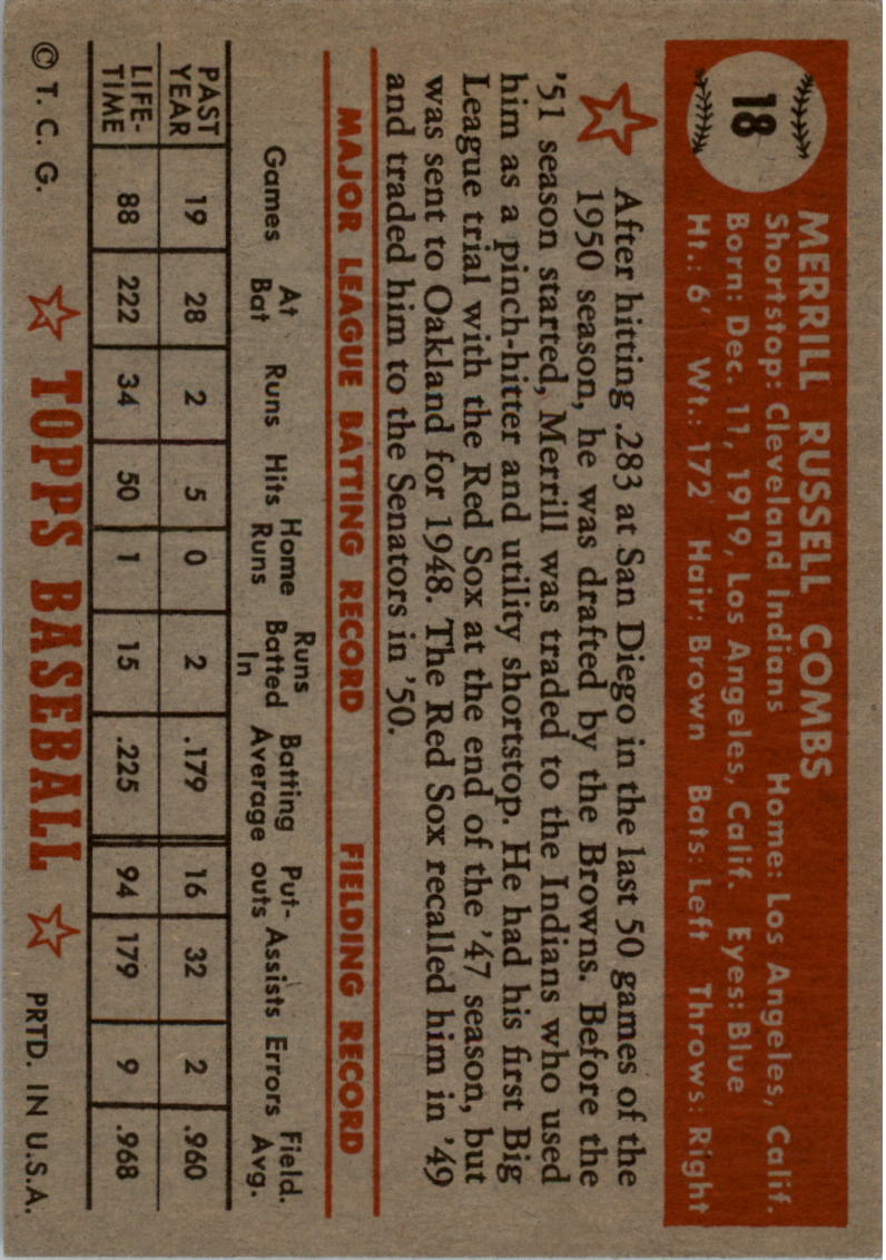 1952 Topps #18 Merrill Combs RC back image
