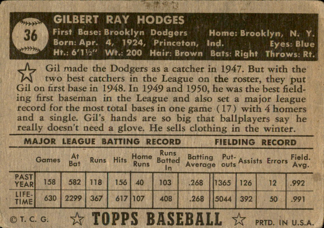 1952 Topps #36A Gil Hodges Black back image