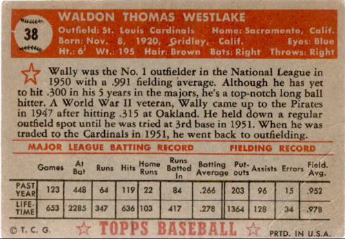 1952 Topps #38 Wally Westlake back image