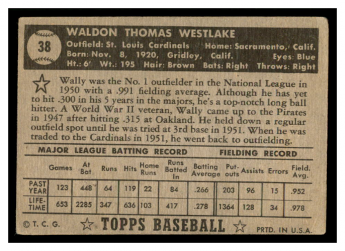 1952 Topps #38A Wally Westlake Black back image