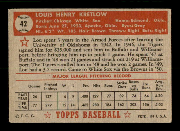 1952 Topps #42 Lou Kretlow RC back image