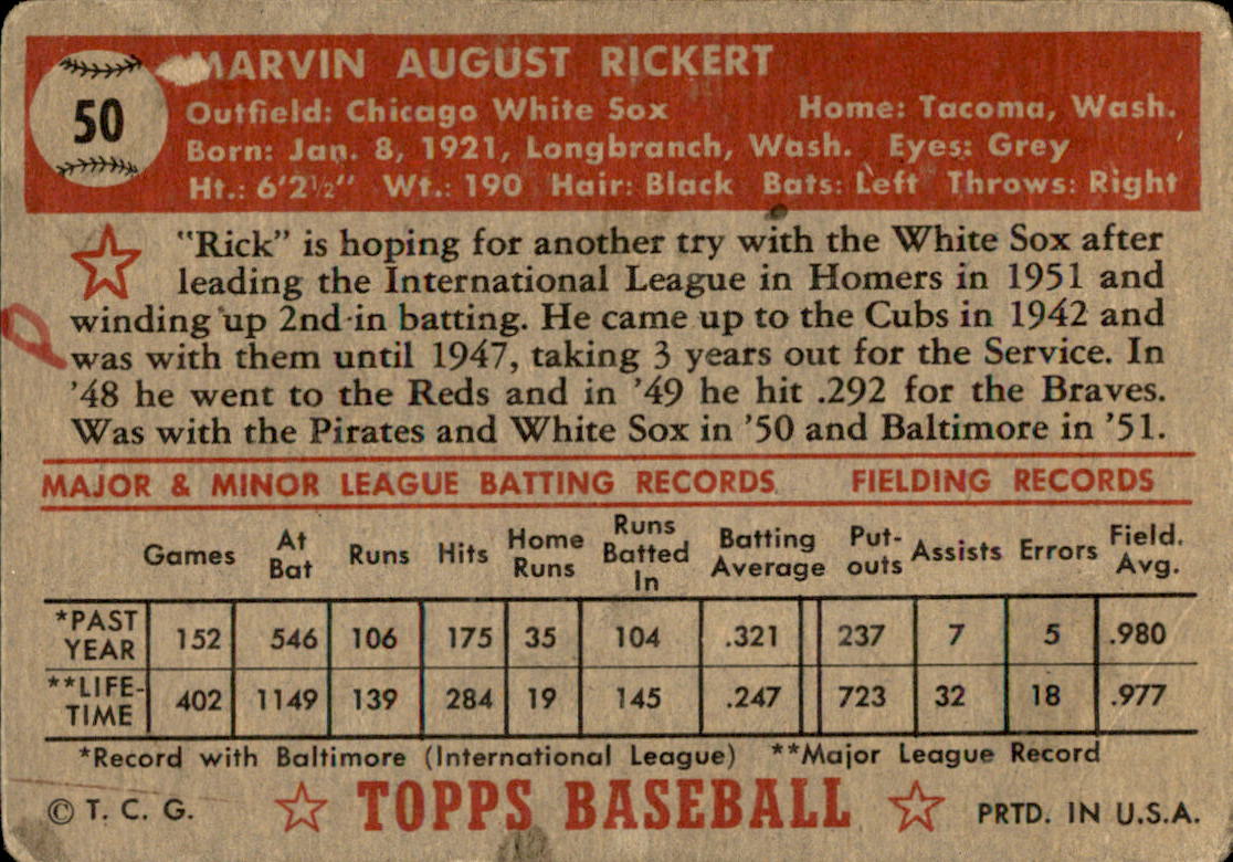 1952 Topps #50 Marv Rickert RC back image